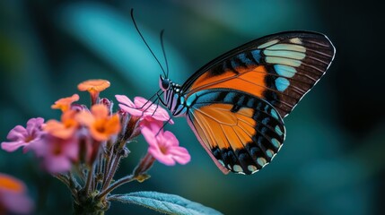 Obraz premium Colorful butterfly feeding on vibrant flowers in a lush garden during daylight
