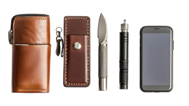 A stylish arrangement of essential everyday carry items including a wallet, knife, flashlight, and smartphone on a clean background - Powered by Adobe