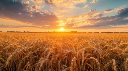 Obraz premium Golden wheat field under vibrant sunset sky with clouds illuminating the horizon in rural area
