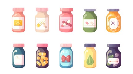 Professional Flat Medicine Bottles and Vitamin Bottle with Prescription Label Image for Medical and Pharmaceutical Use