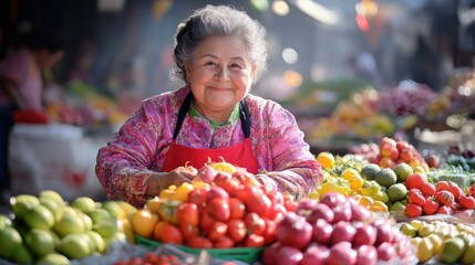 Fototapeta premium Smiling elderly woman selling fresh produce at vibrant market
