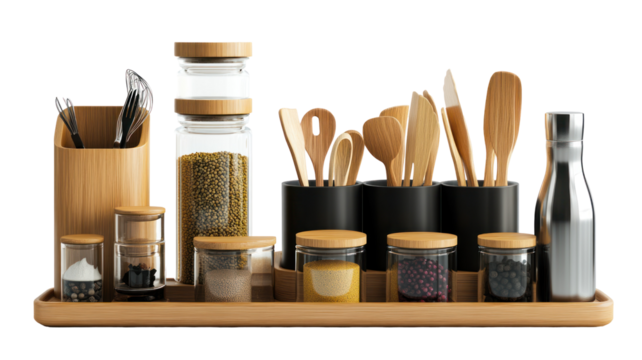 A stylish kitchen countertop arrangement featuring bamboo utensils, spice jars, and containers, perfect for culinary enthusiasts