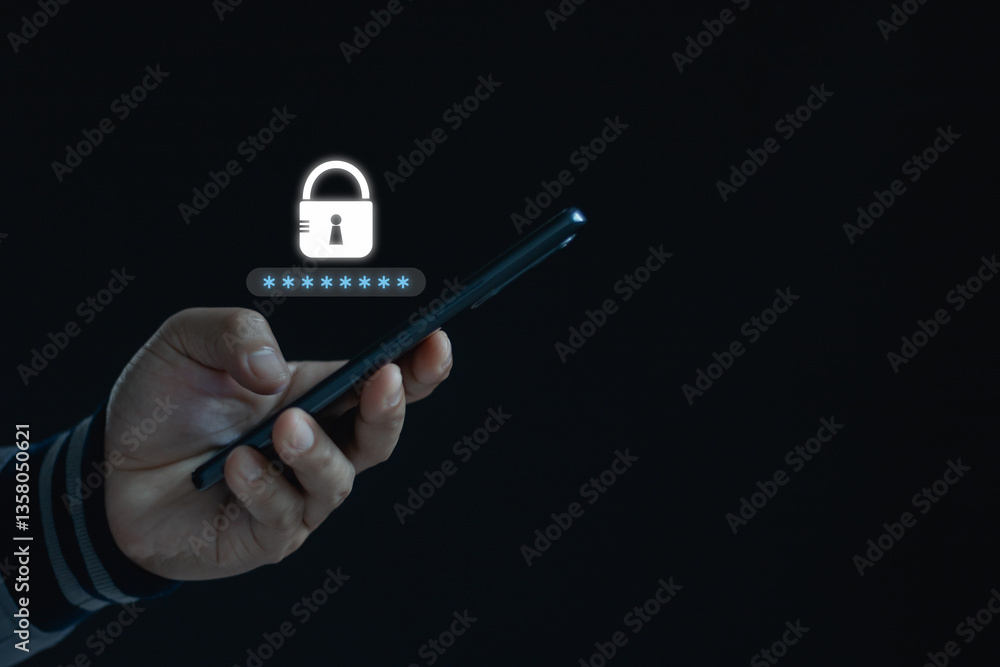 Aufkleber Cyber security. hand use mobile phone with safety lock system for network, information, data. Person with icon on personal smartphone screen for privacy, antivirus or phishing fraud or access control.