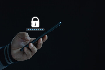 Cyber security. hand use mobile phone with safety lock system for network, information, data. Person with icon on personal smartphone screen for privacy, antivirus or phishing fraud or access control.