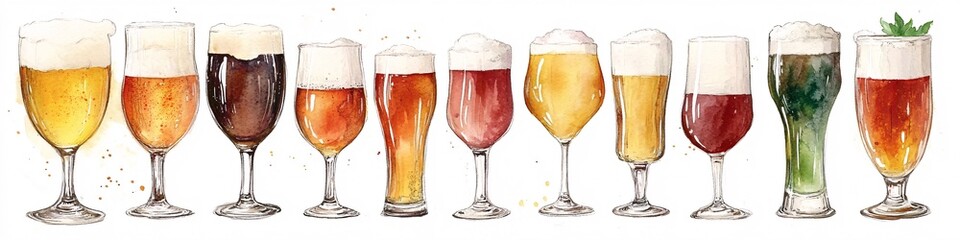 Assorted Beer Varieties Illustrated in Vibrant Watercolor Styles