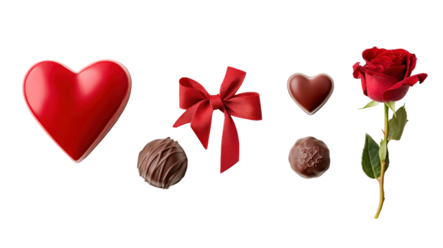A vibrant arrangement of red chocolates, heart-shaped candies, and a rose, perfect for romantic occasions and celebrations
