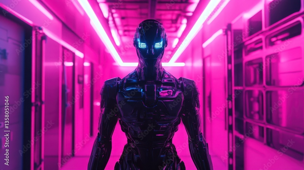 Poster futuristic humanoid robot stands in a neon-lit corridor showcasing advanced technology and design in