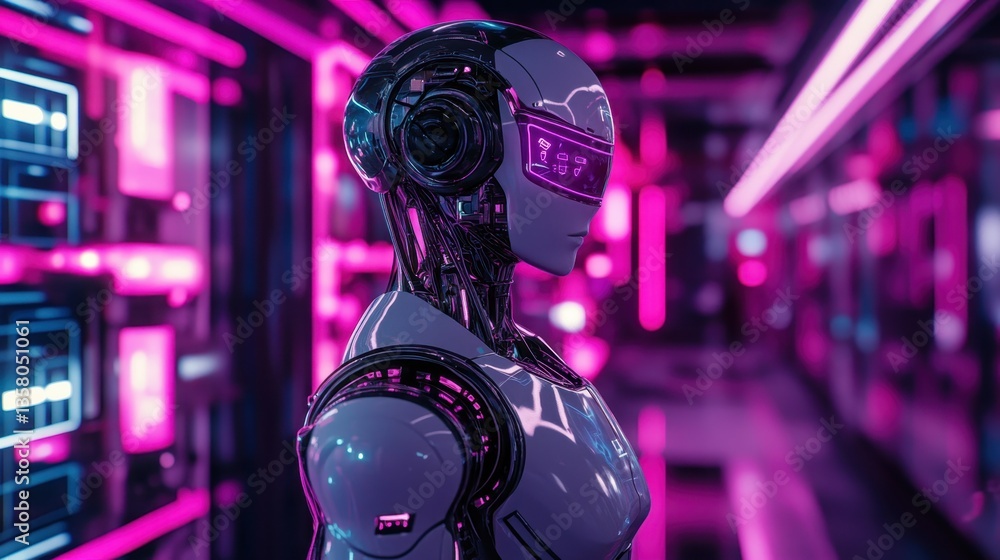 Poster futuristic humanoid robot stands in a neon-lit corridor showcasing advanced technology and design in