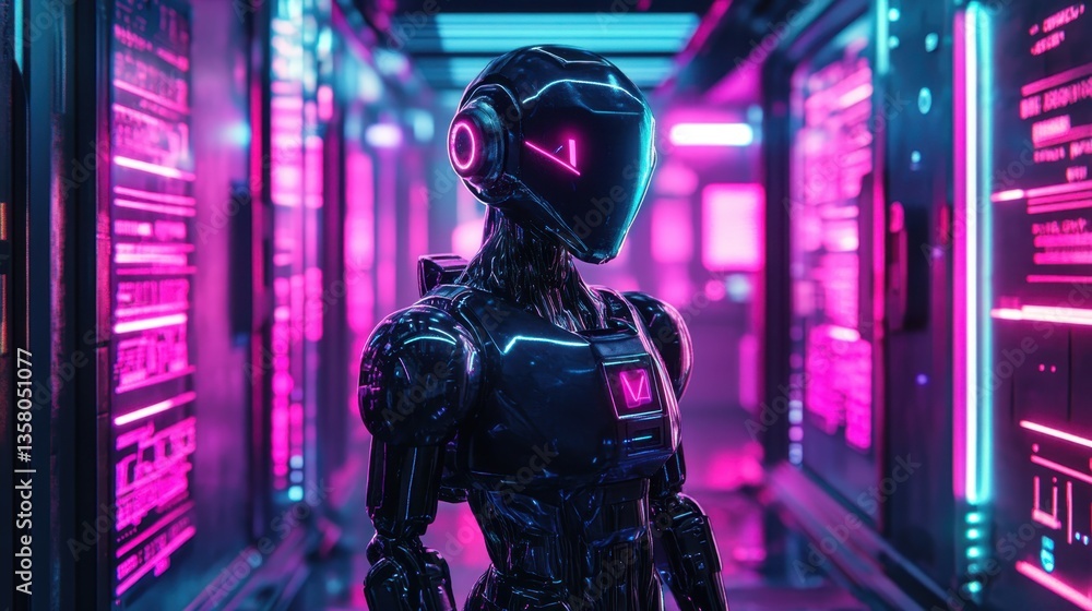 Poster futuristic humanoid robot stands in a neon-lit corridor showcasing advanced technology and design in