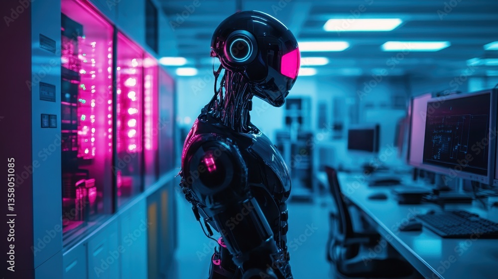 Poster futuristic humanoid robot stands in a neon-lit corridor showcasing advanced technology and design in