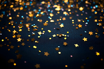 A luxurious black background adorned with scattered gold confetti, ideal for glamorous celebrations or festive events like New Year's, weddings, and anniversaries