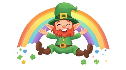 Cheerful leprechaun descending on rainbow in isolated illustration for St. Patrick's Day celebrations