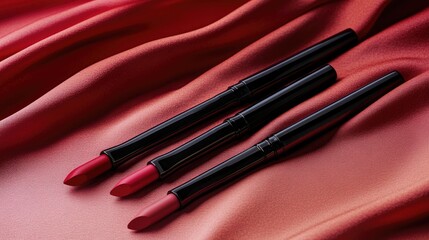 Three Red Lipsticks Resting on Red Silk Fabric