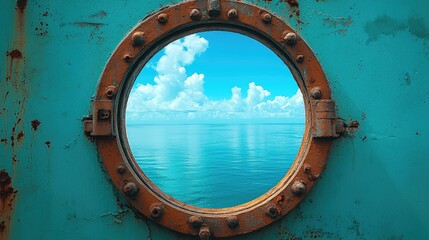 Rusted porthole reveals a tranquil ocean scene under a bright, partly cloudy sky