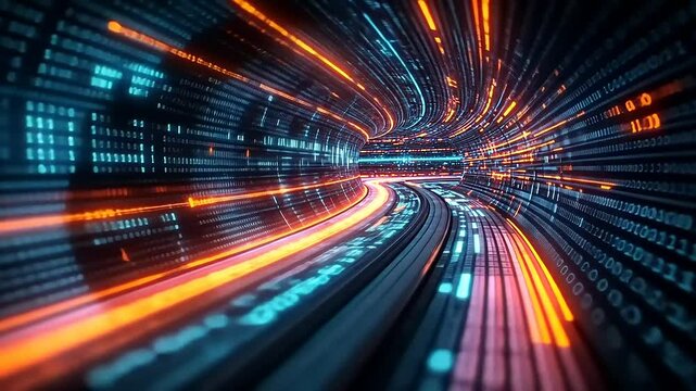 Futuristic digital tunnel with vibrant glowing lines and data streams, representing technology movement