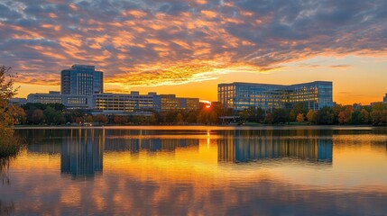Naklejka premium Golden Sunset Reflecting on Cityscape Buildings and Lake