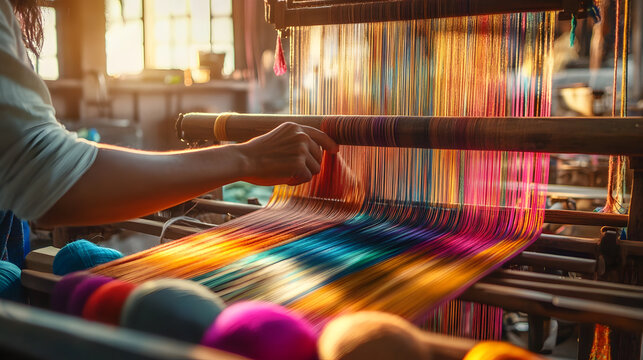 A skilled Indian artisan hand-weaving a silk saree on a wooden loom, surrounded by vibrant threads and fabrics in a traditional workshop with sunlight streaming through the windows