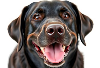 Close-up of a Happy panting black Labrador dog looking at the camera, isolated on white, Remastered