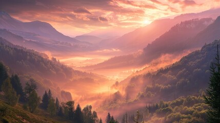 The sun is shining brightly on a beautiful mountain morning sunrise landscape