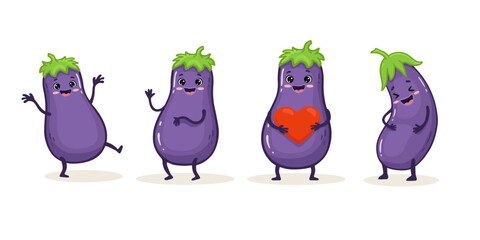set of cute cartoon eggplant on a white. Funny vegetables in flat style. Vector