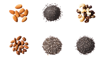 A vibrant assortment of nuts and seeds displayed on a clean surface, showcasing healthy snacking options for nutrition