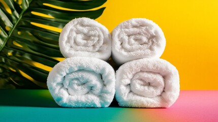 Laundry fresh towels neatly rolled presented with care isolated on a vibrant background