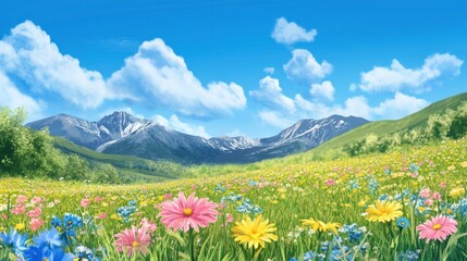 Fototapeta premium Vibrant Wildflower Meadow Against Majestic Mountain Range