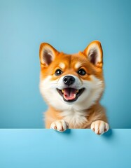 Portrait funny and happy shiba inu puppy dog peeking out from behind a blue banner.