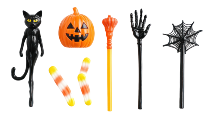 A vibrant collection of Halloween-themed decorations including a black cat, pumpkin, and spooky accessories on a white background