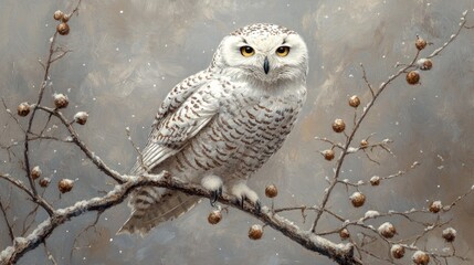 Snowy owl perched on winter branch, snow falling, wildlife art, nature print