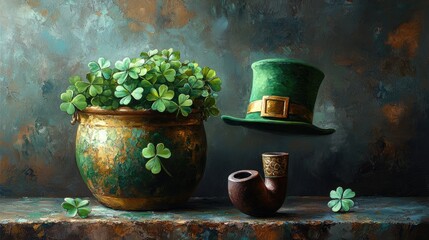 Pot of shamrocks, leprechaun hat, pipe, St. Patrick's Day still life