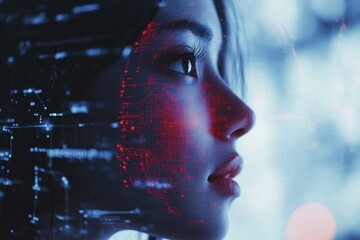Asian Woman Face Overlayed with Red Digital Network Data Visualization