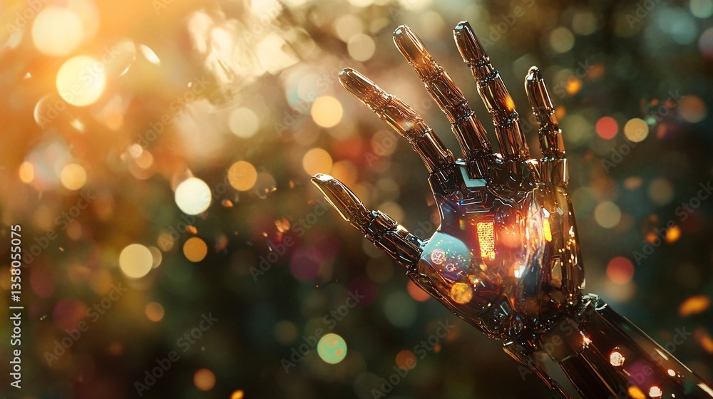 Poster futuristic robotic hand symbolizing ai innovations with a soft bokeh background