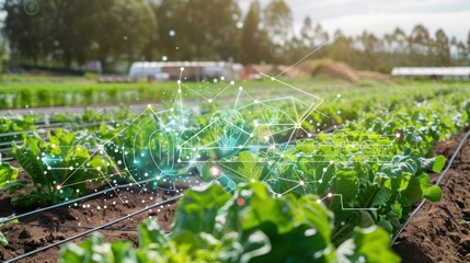 A field of plants with a computer screen showing a diagram of the plants