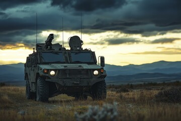 Fototapeta premium Armored Vehicle on Field at Dusk - Rugged Military Transport Ready for Action, Vehicle Headlights, Cloudy Sky, Dramatic