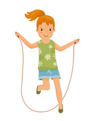 Obraz premium Vector illustration of a cheerful girl with red hair jumping rope with a happy expression.