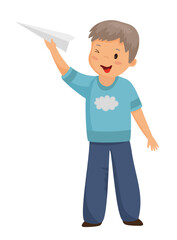 Vector illustration of a boy throwing a white paper airplane with a cheerful expression.