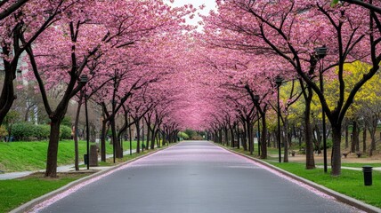 Scenic pathway lined with blooming cherry blossom trees in spring