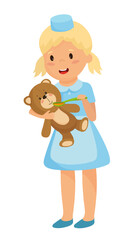 Vector illustration of a girl dressed as a nurse, holding and feeding a toy bear.