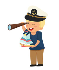 Vector illustration of a boy dressed as a sailor, holding a spyglass and a toy boat.