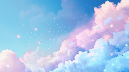 Dreamy Cloudscape: Pastel Sky, Butterflies & Sparkle Texture Background