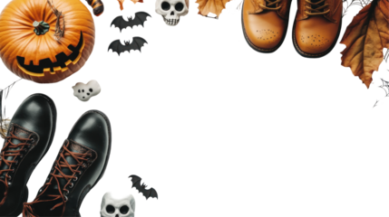 Festive Halloween scene featuring pumpkin, spooky decorations, and stylish boots, set against a dark background