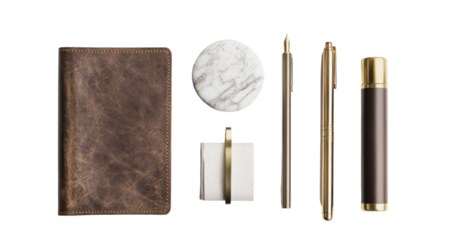 Elegant workspace arrangement featuring a leather notebook, marble coaster, and stylish writing instruments on a clean surface