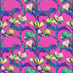 Seamless floral pattern with ginkgo biloba leaves and flowers in bold colors on pink background, vibrant botanical illustration for fabric, wallpaper, and textile design