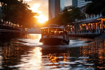 Fototapeta premium A picturesque scene capturing a boat gliding across the water during a stunning sunset, reflecting golden tones in the calm canal amidst city architecture.