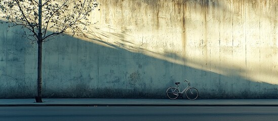 A bicycle leaning against a wall next to a bare tree