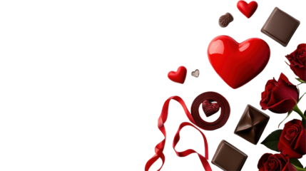 Romantic composition featuring red hearts, roses, and chocolates