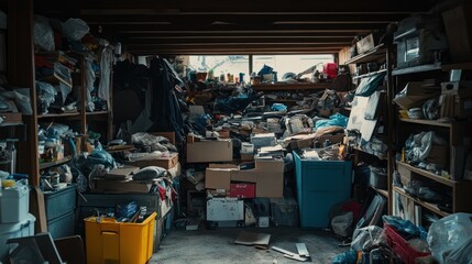 A cluttered garage filled with boxes and various items