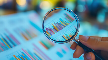 Magnifying glass on financial charts for data analysis and business audit concepts