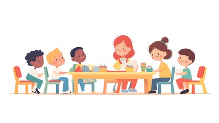 Collection of Isolated Illustrations Showing Diverse Children in Kindergarten Activities